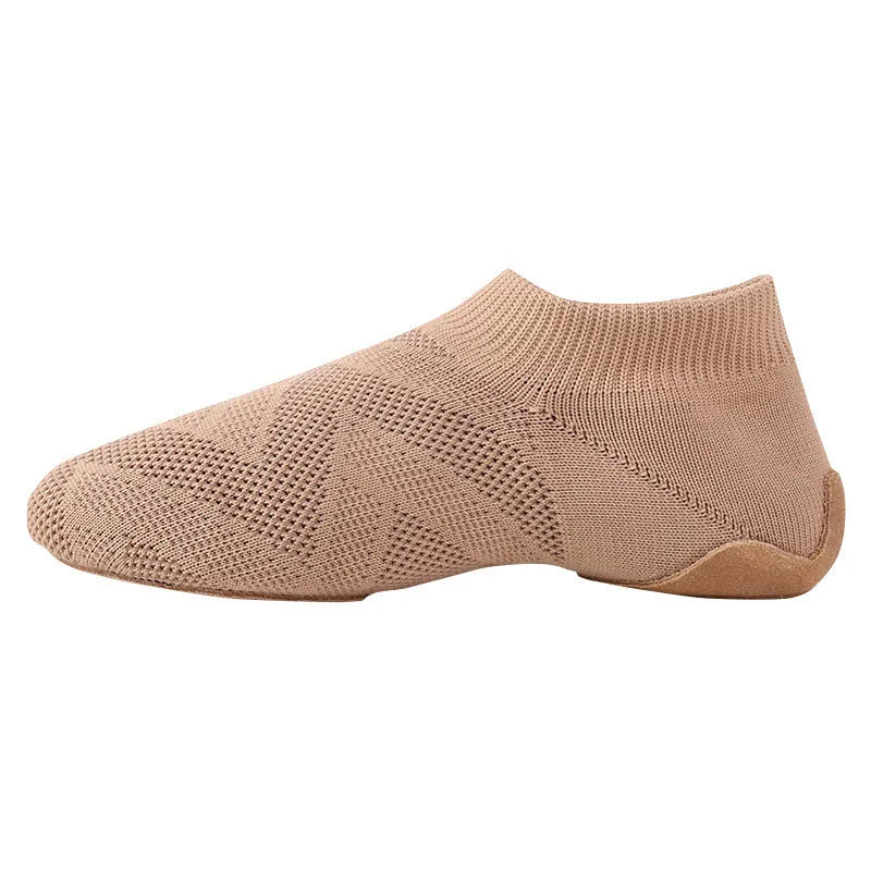 Camel coloured Latin dance shoes with cotton mesh upper and leather sole for contemporary dance and yoga