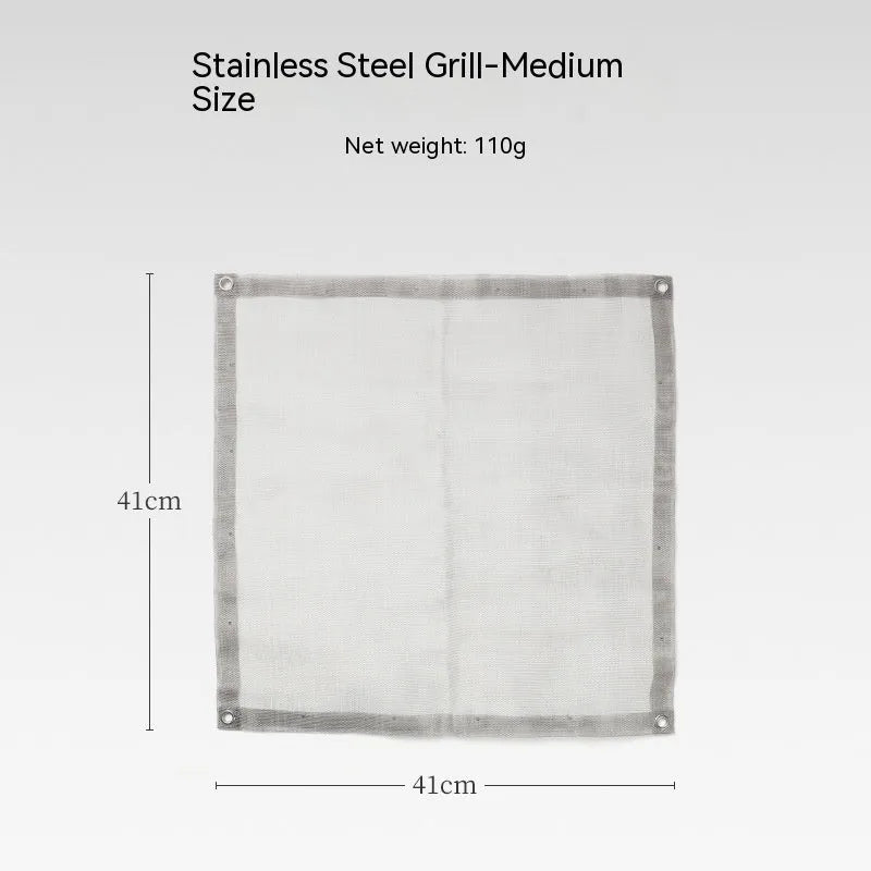 Stainless steel barbecue grill net in silver, shown in large and medium size options for outdoor use.