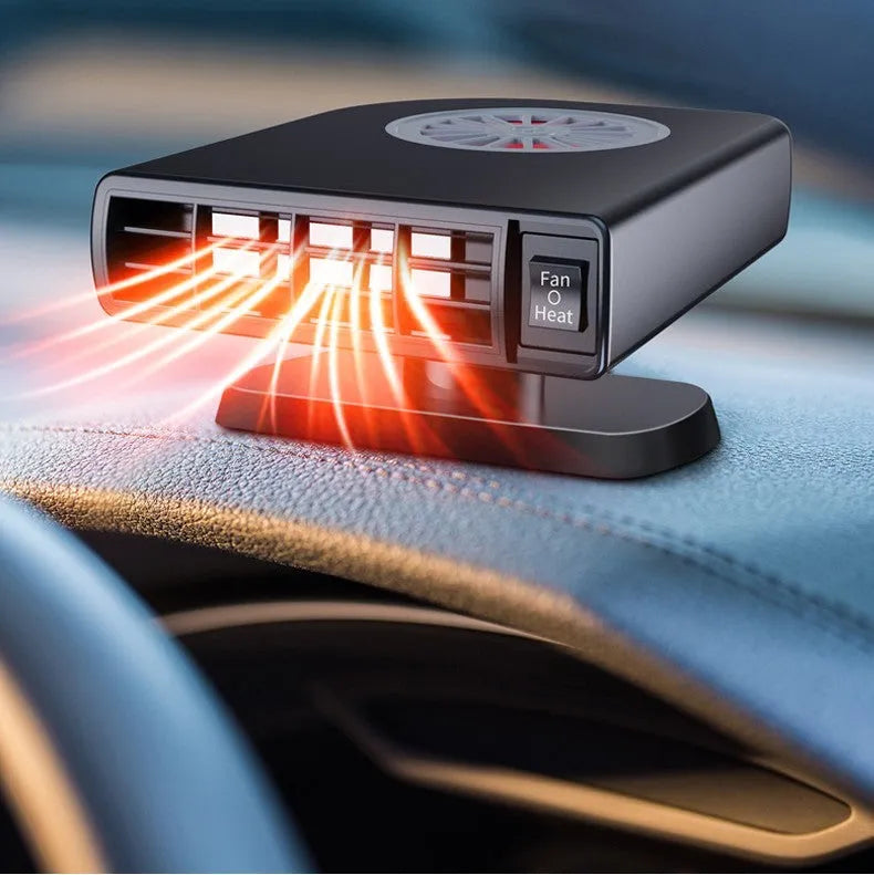 Black compact vehicle-mounted car heater for defrosting and defogging, shown with double-sided adhesive.