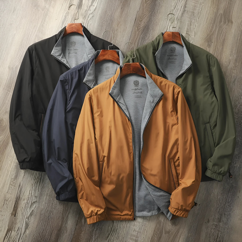 Men's stand collar casual jacket in Army Green, shown on a hanger