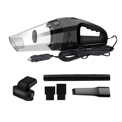 Orange 12V portable handheld car vacuum cleaner with nozzle attachments on a car seat.