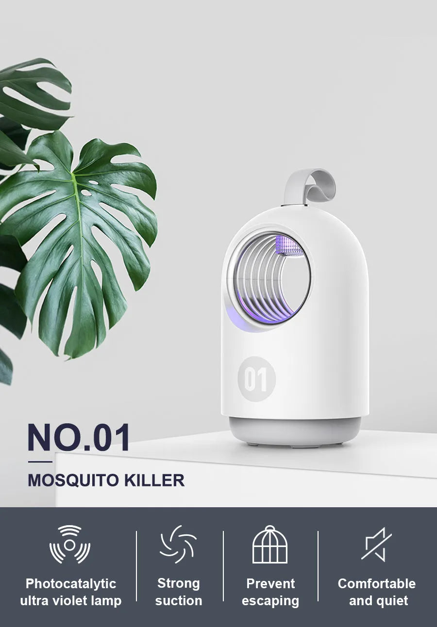 White or blue indoor mosquito killer lamp with UV light, suction fan, silicone handle, and USB cable.