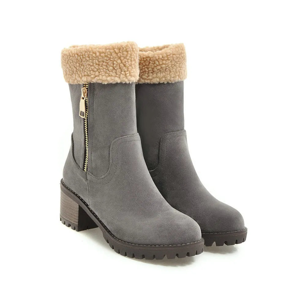 Women's snow boots with plush lining and rubber soles in black, grey, green, orange