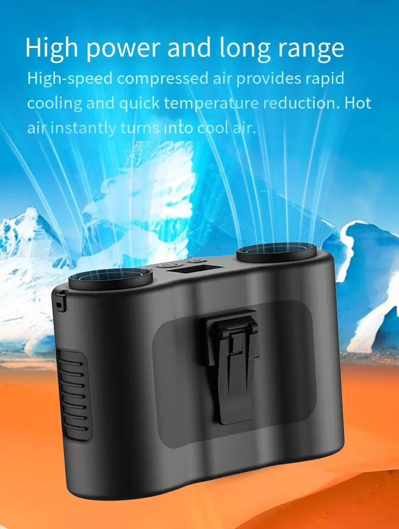 Black waist-hung personal fan with neck lanyard attached, showing the five-blade turbine and top control button.