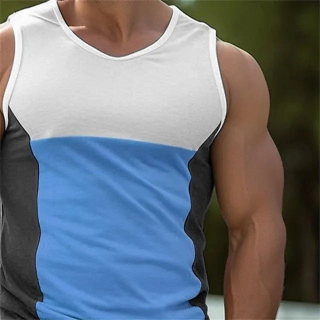 Men's cotton blend sports vest in blue, orange red, or yellow with European and American sizing for athletic activities