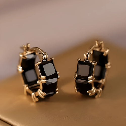 Geometric U-shaped zircon ear rings in gold setting with black, pink or white stone options