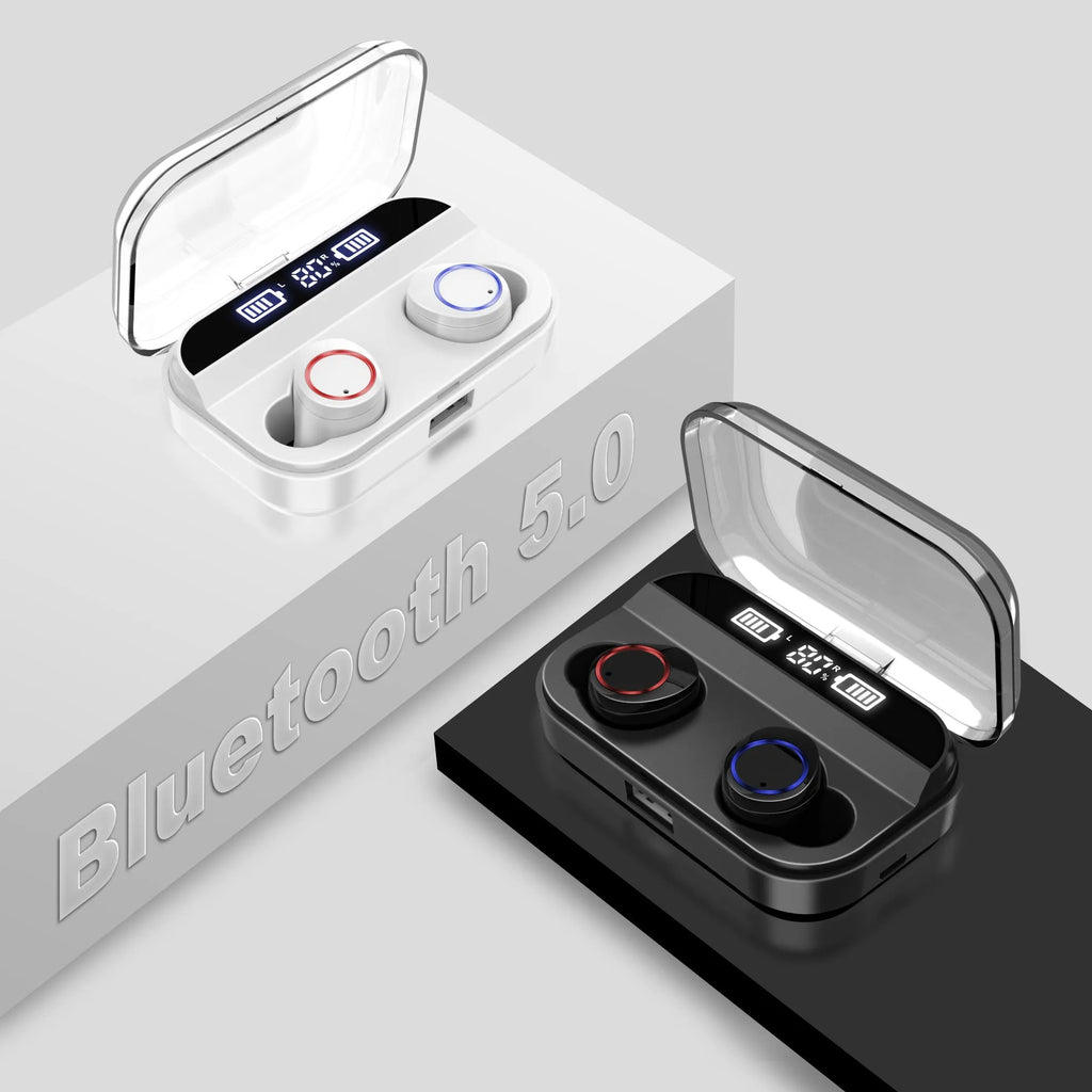 Black X11 wireless Bluetooth earbuds inside their white charging case, with silicone ear sleeves.