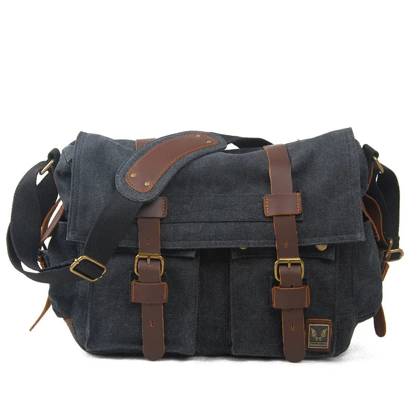 Men's retro-style canvas crossbody bag with cowhide trim in army green, showing flap closure and shoulder strap.