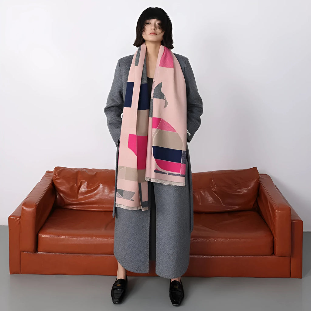 Long beige cashmere-like polyester scarf in a European chic style, laid flat to show its 185cm length.