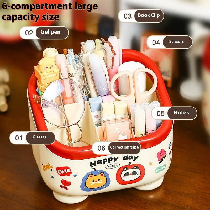 Cartoon-style plastic desktop organiser with grid compartments and red or brown stickers.