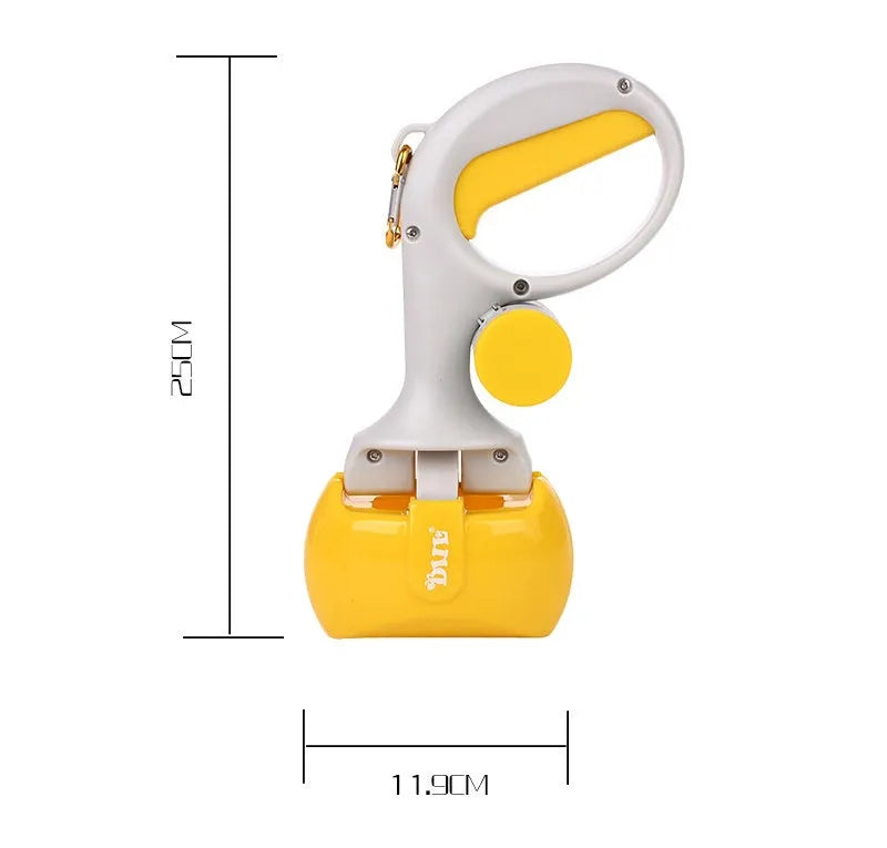 Yellow 2 in 1 portable pet toilet picker made from ABS plastic with curved hand grip and tooth-shaped notches on a white background
