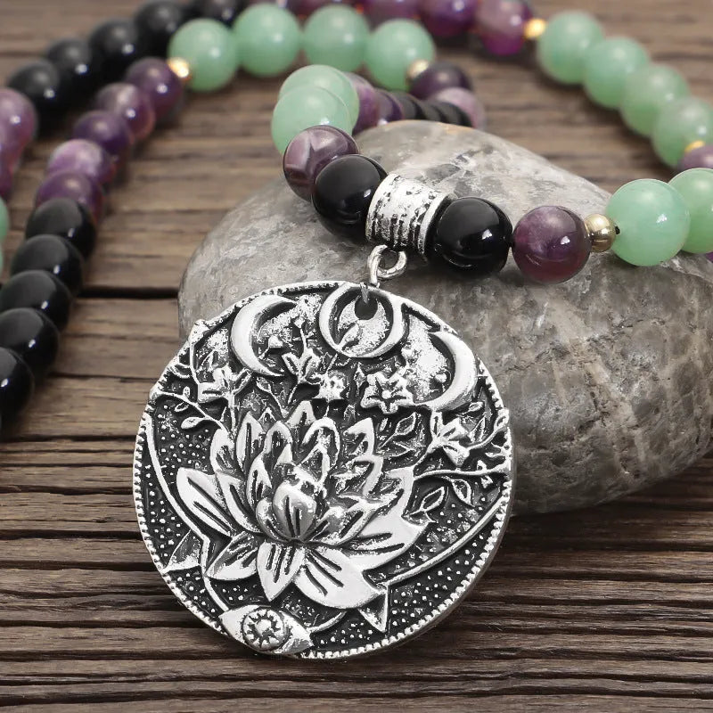 Long yoga lotus pendant necklace and matching bracelet set with adjustable length and handmade stone beads