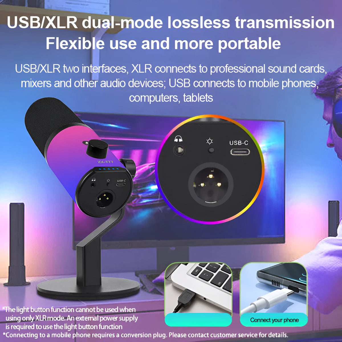 ZX777 moving coil microphone with USB XLR dual-mode interface, noise reduction, and ZX777RGB bracket type