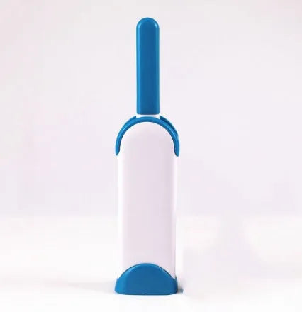 Blue reusable pet hair removal comb with double-sided lint brush and self-cleaning base