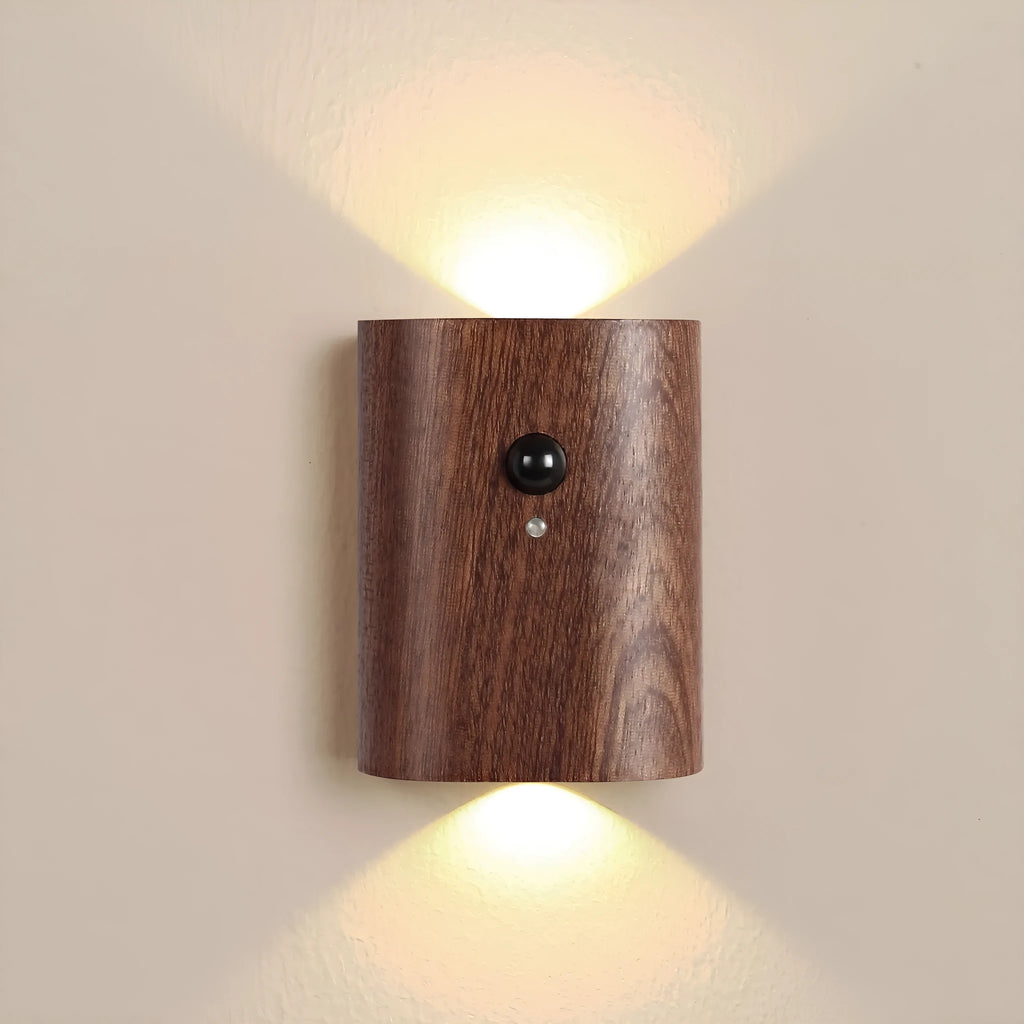 Solid wood pattern linkage human body induction LED light with warm white glow, Sapele finish