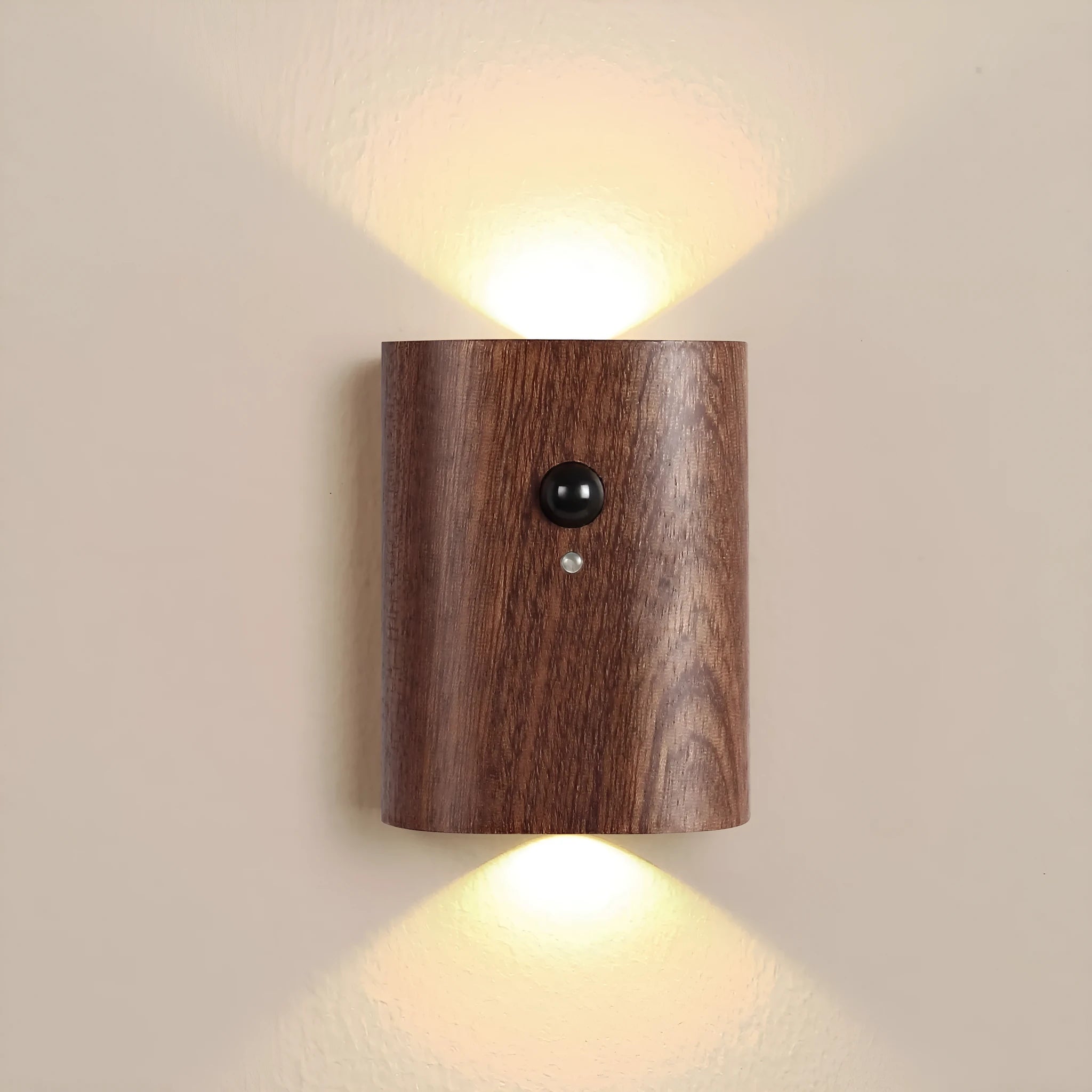 Solid wood pattern linkage human body induction LED light with warm white glow, Sapele finish
