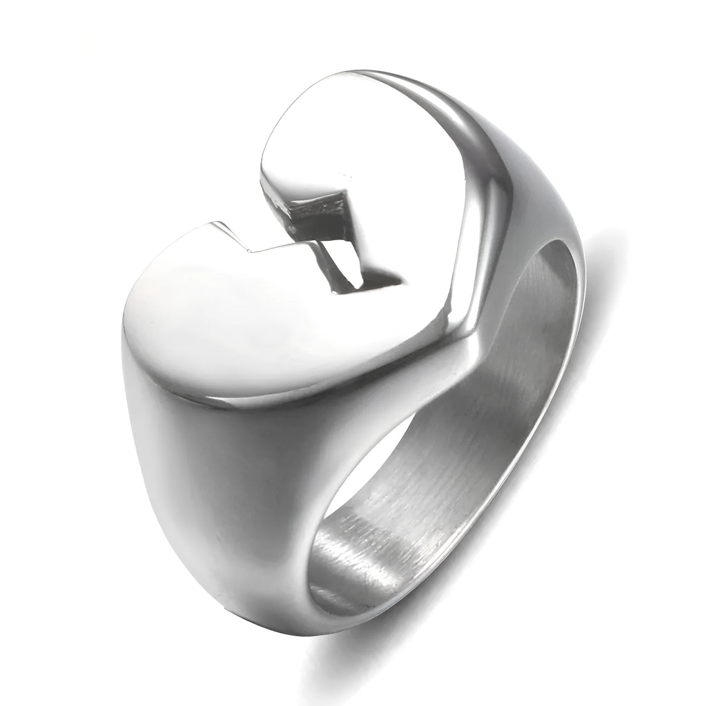 Heart-shaped titanium steel ring, polished band in steel or gold colour, sizes 5 to 10