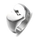 Heart-shaped titanium steel ring, polished band in steel or gold colour, sizes 5 to 10