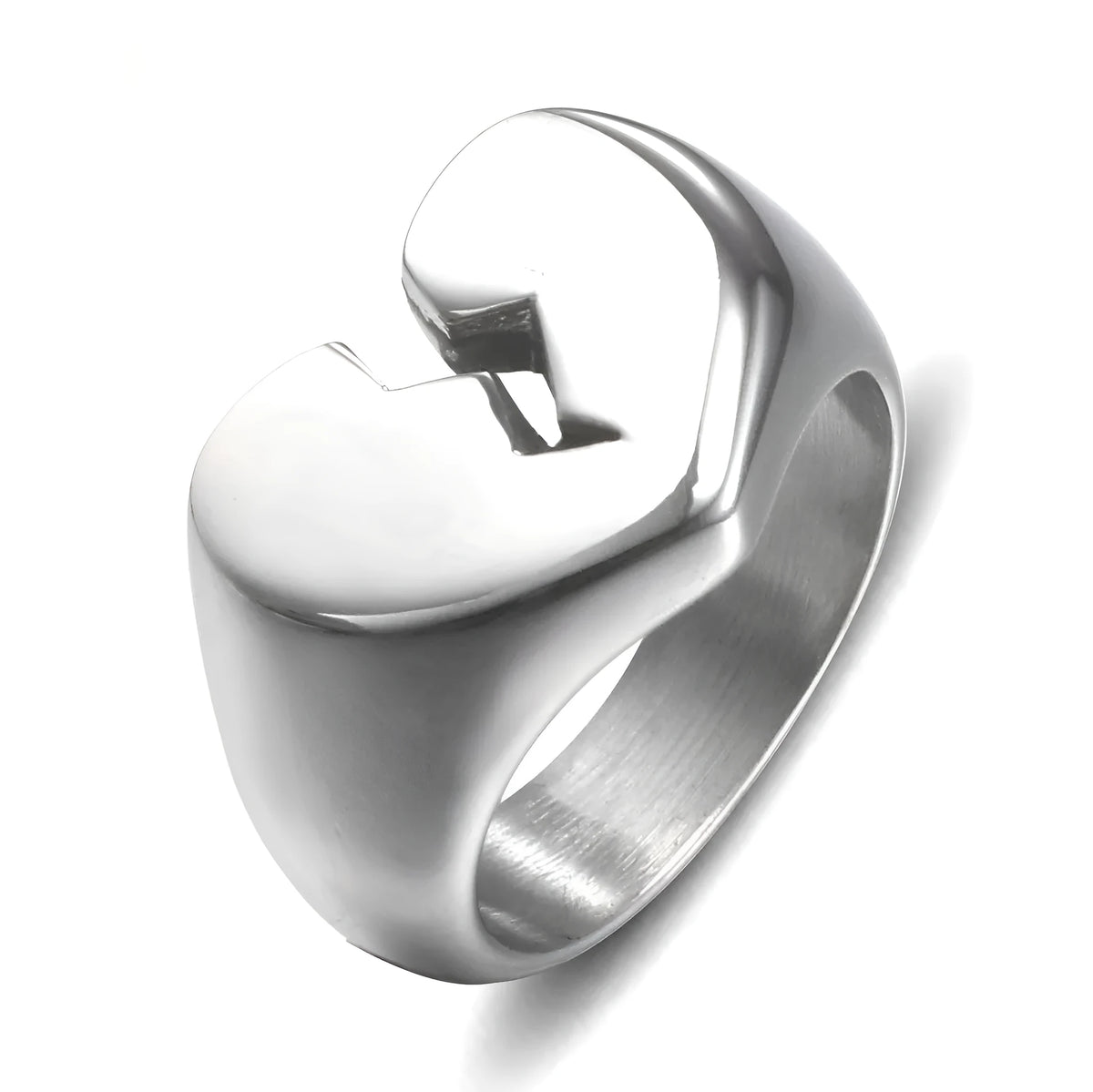 Heart-shaped titanium steel ring, polished band in steel or gold colour, sizes 5 to 10