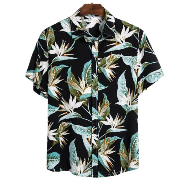 Men's plus size Hawaiian shirt with digital flower print, short sleeves, and cardigan style in apricot colour