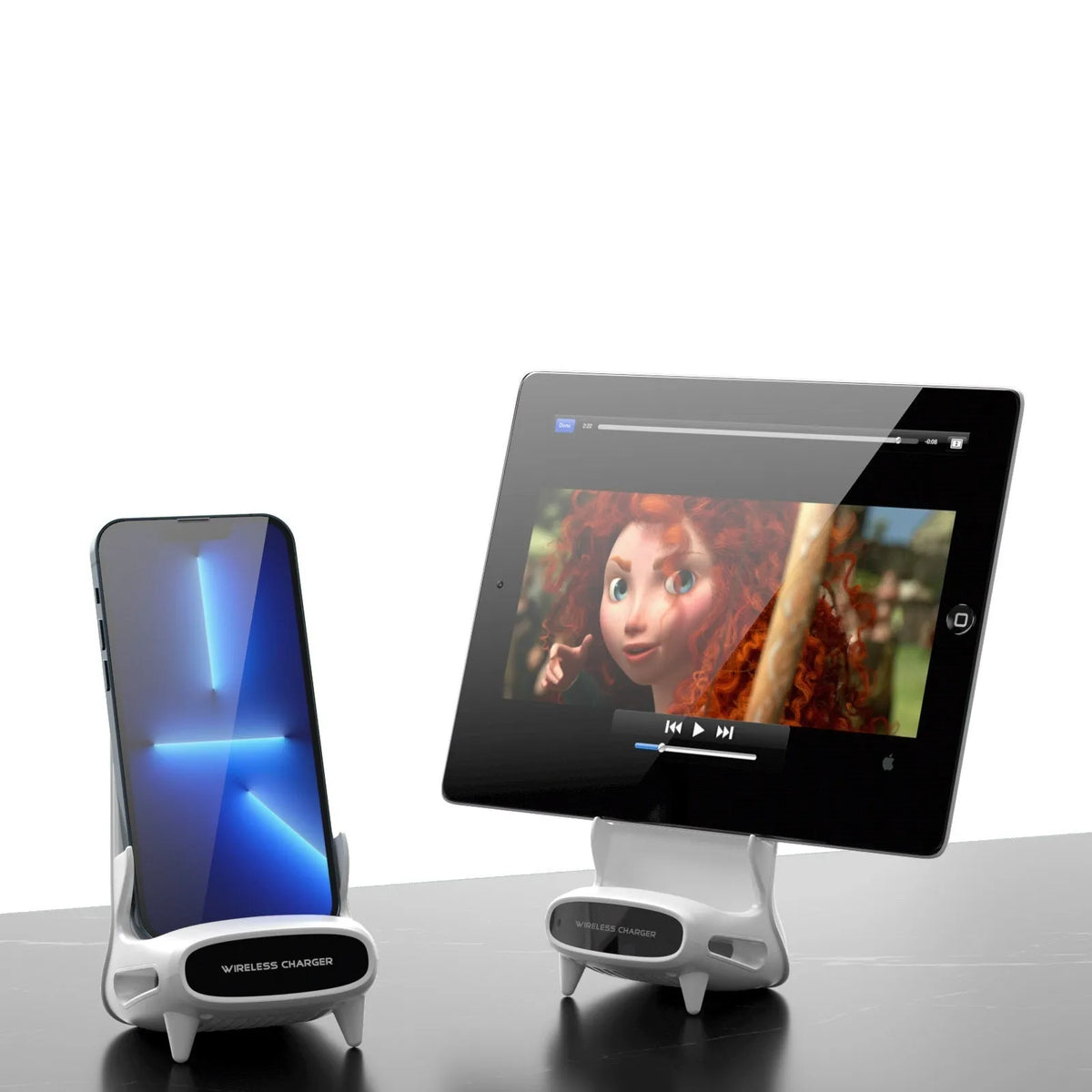 White 15W wireless charging stand with vertical desktop bracket, Type-C interface and QI protocol