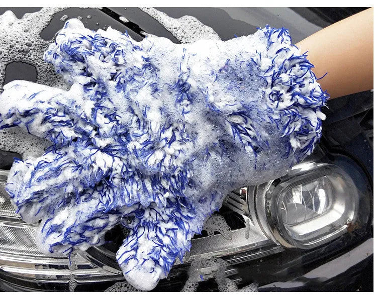 Blue gray fiber plush car washing gloves size 30x27.5 cm