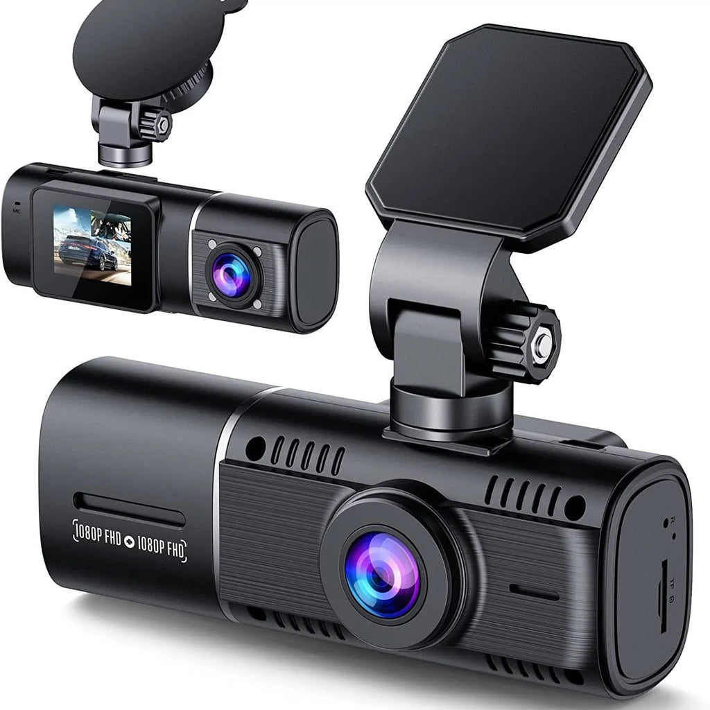 Black dual-lens dashboard camera with 1.5-inch screen mounted on car windscreen suction stand.