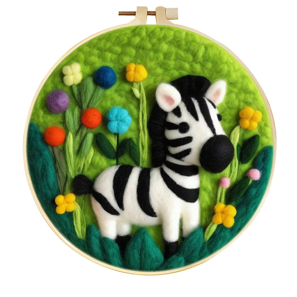 Round fabric embroidery kit with linen square, wool felt, and embroidery frame for handmade decorations.