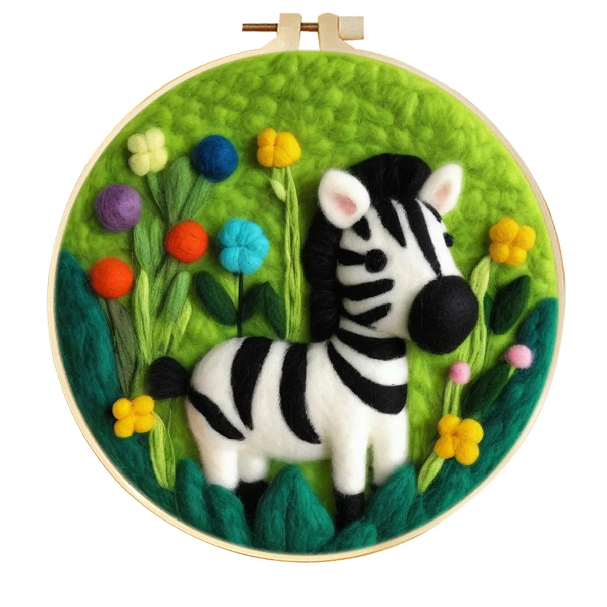 Round fabric embroidery kit with linen square, wool felt, and embroidery frame for handmade decorations.