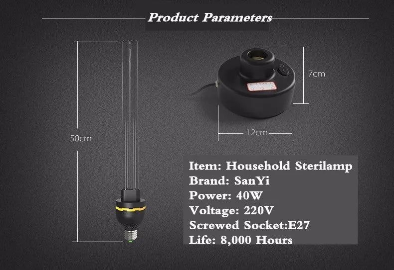 Household UV disinfection lamp with E27 base and ozone option for room sterilisation