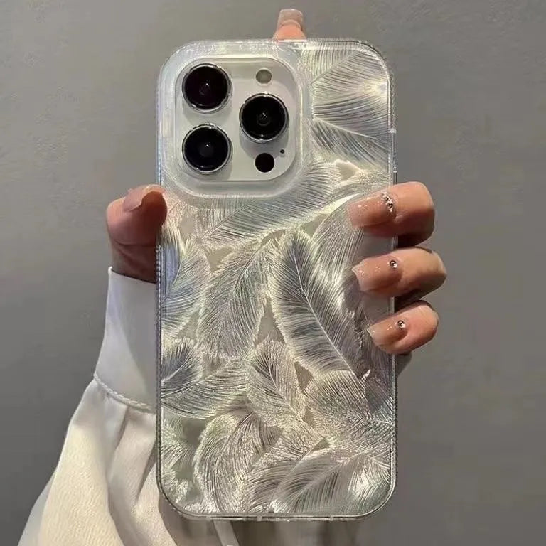 Feather pattern gradient TPU phone case in Silver Gray with three-dimensional relief design for iPhone