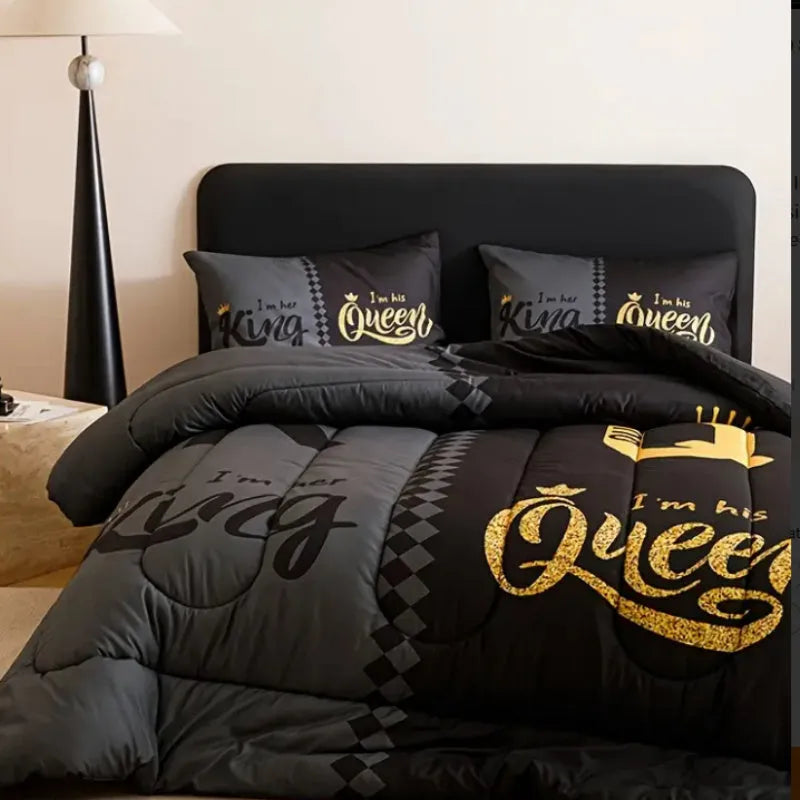 Light grey three piece quilt cover set with crown English digital print, polyester cotton, two pillowcases included