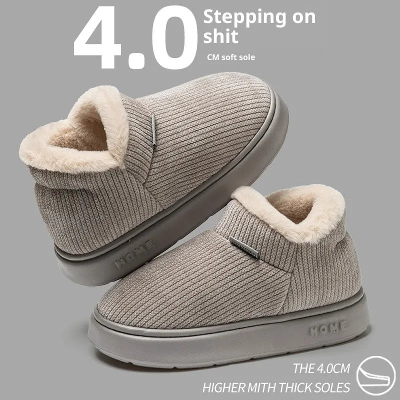 Women's ankle wrap cotton slippers in brown, plush upper, non-slip EVA sole, flat heel, round toe, indoor thermal shoes