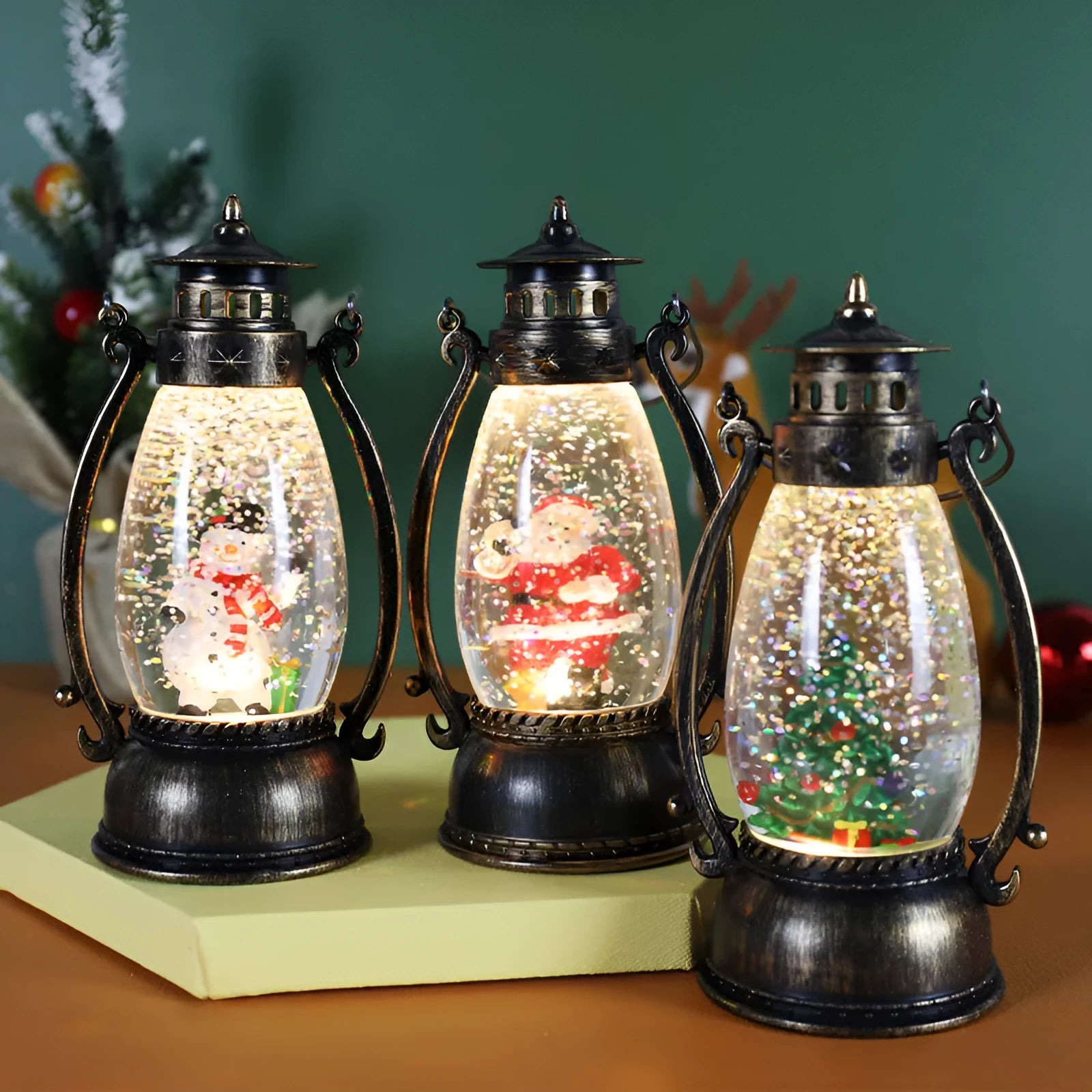 Portable plastic Christmas desk decoration featuring a crystal ball light and a choice of snowman or elderly figure design.
