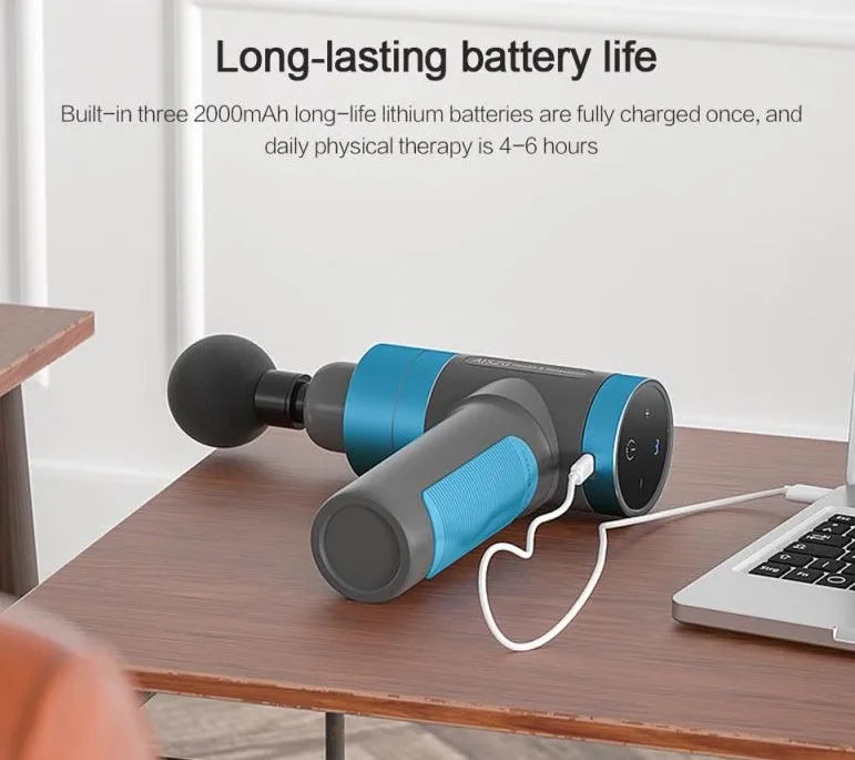USB rechargeable muscle massager in grey with space aluminium body and silicone head