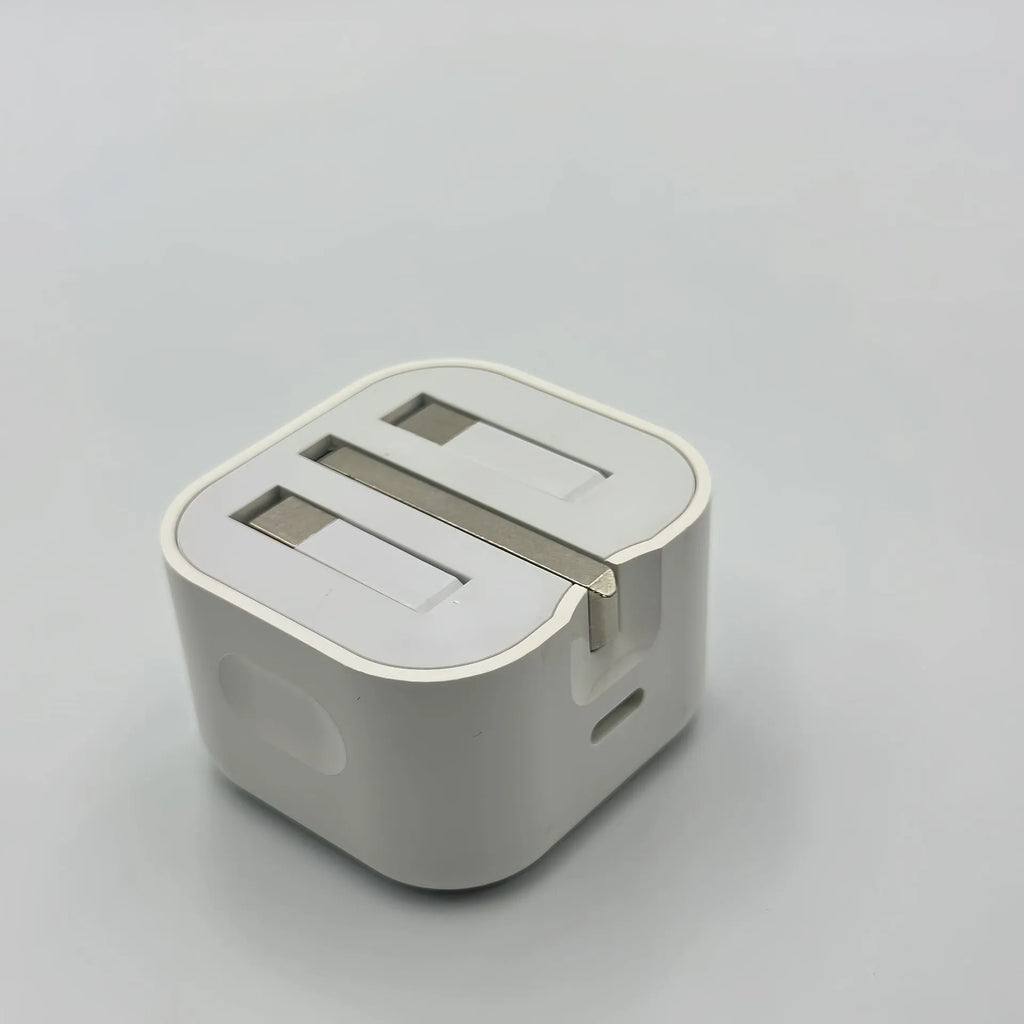 White 25W Type-C mobile phone charger with folding foot plug, shown as charging head or with data cable