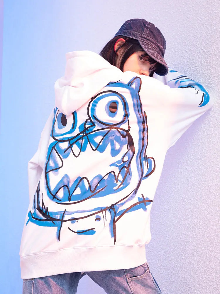 Men's loose cotton hooded sweater jacket in black, side view, for spring autumn casual wear