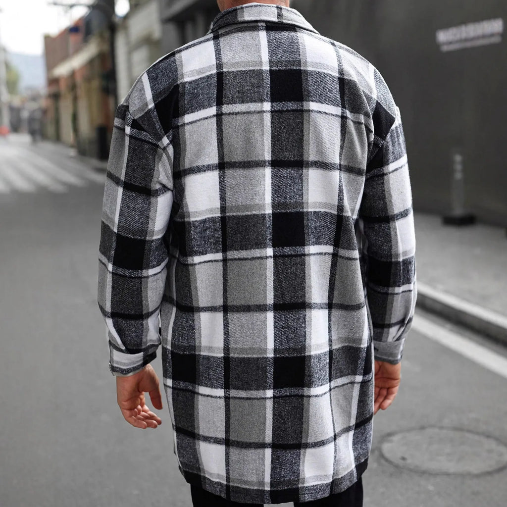 Men's long casual button shirt jacket grid pattern slim fit with double 3D patch pockets in five colours S-XXL