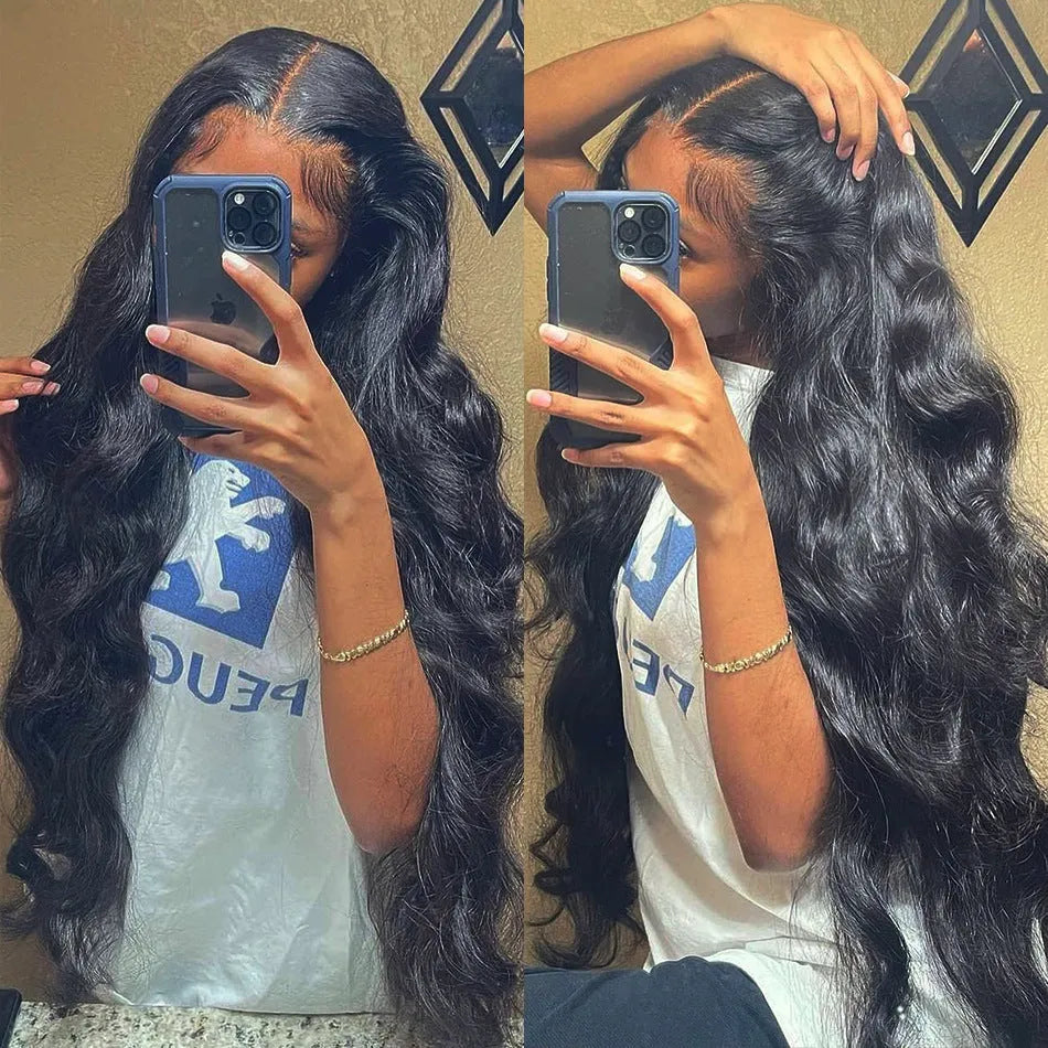 Black synthetic front lace long curly wig with side bangs, density 180, length 22 inch, on display