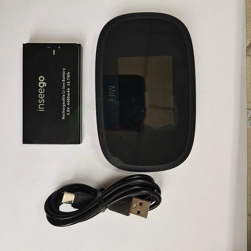 Black Full Network 4G portable wireless router with LCD screen, shown alongside a SIM card and battery.