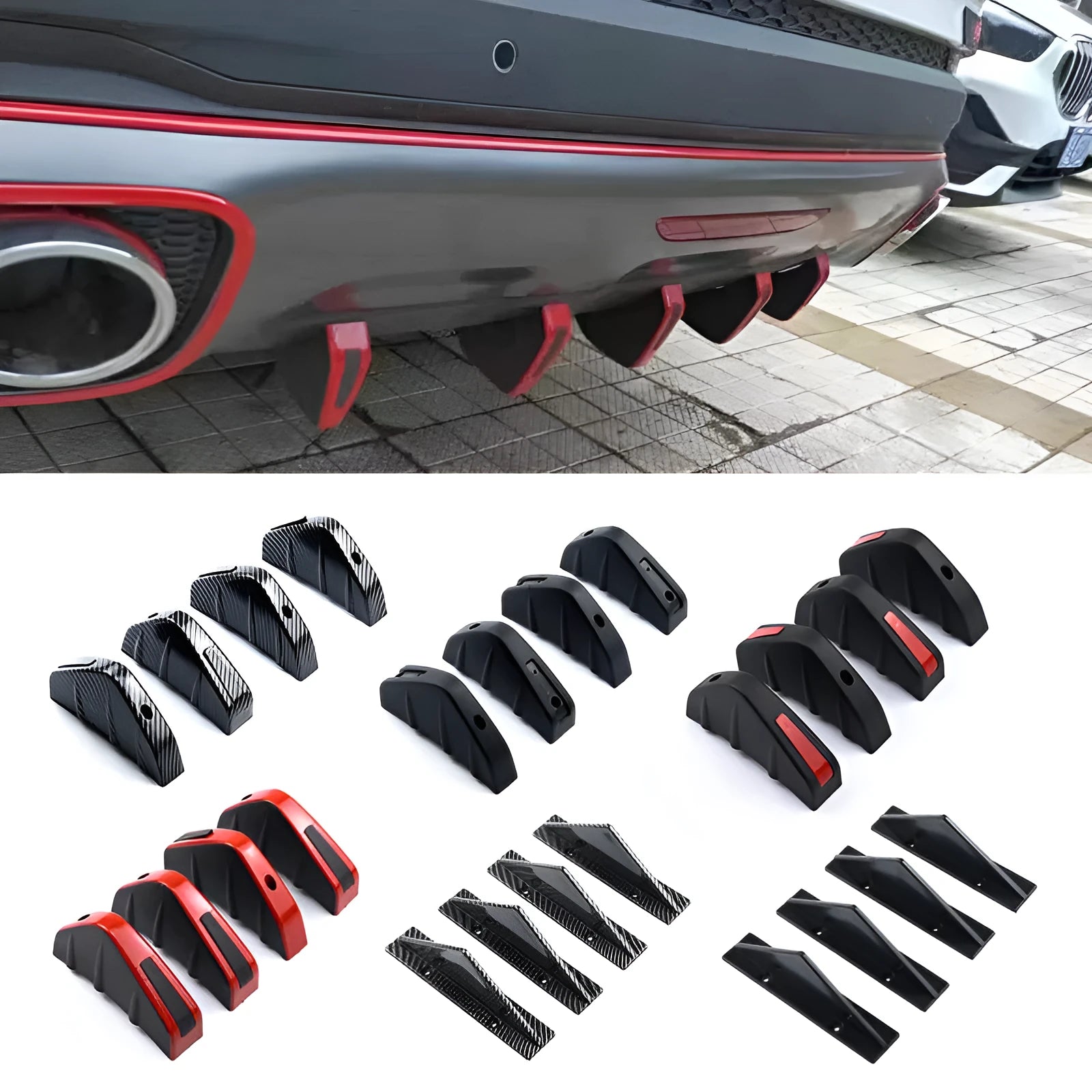 Four black ABS plastic triangle rear spoilers measuring 15cm with installation hardware