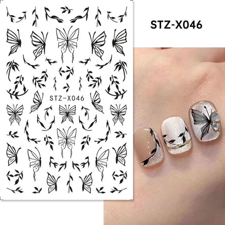 Cartoon-themed nail art sticker sheet with black and silver strip patterns and love motifs
