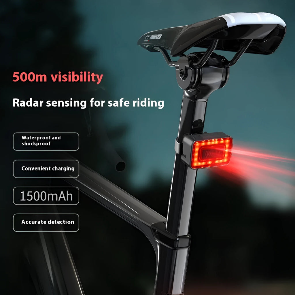 Compact black bicycle radar taillight with dual buttons and a TYPE-C port, mounted on a seat post.