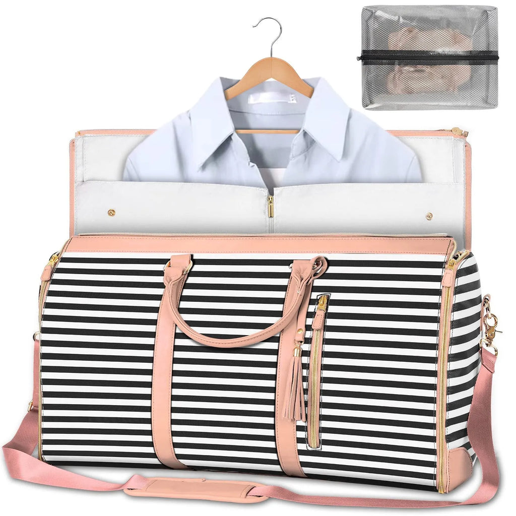 Large capacity waterproof travel duffle bag for women in pink, foldable PU material with contrast stitching and lock detail