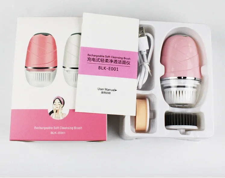 3-in-1 electric facial cleanser with dual speed brush heads and waterproof body in gold, pink, and white