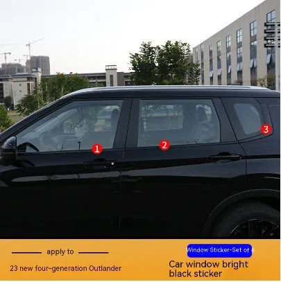Pre-cut protective film set for 23 Outlander window pillars in carbon fibre pattern and bright black finishes.