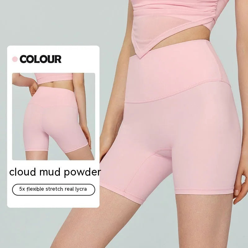 Women's leaf green Lycra yoga shorts with high waist belly control design