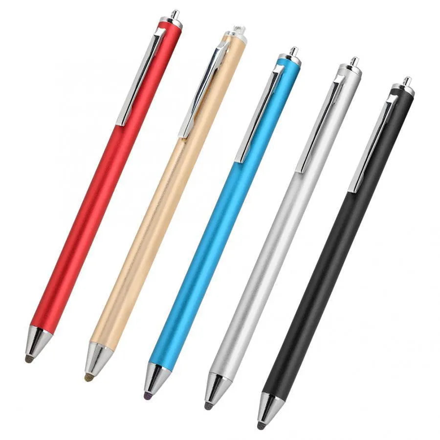 Black passive capacitive stylus with a fine 1.5mm metal tip on a tablet screen