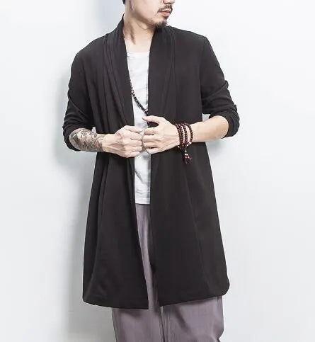 Men's casual linen blend cardigan in dark gray, loose fit with lapel collar, front view