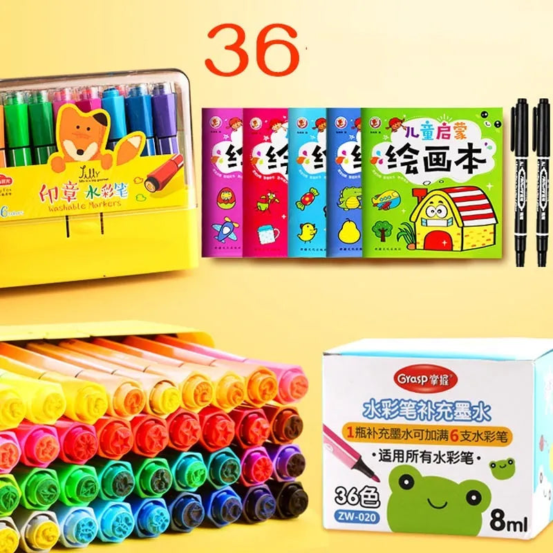 Children's washable painting brushes with hexagonal handles in assorted colours